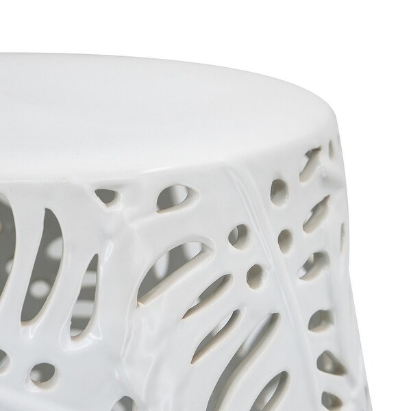 19 Inch Stool Table， Round Drum， Ceramic， Palm Leaf Design， Glossy White