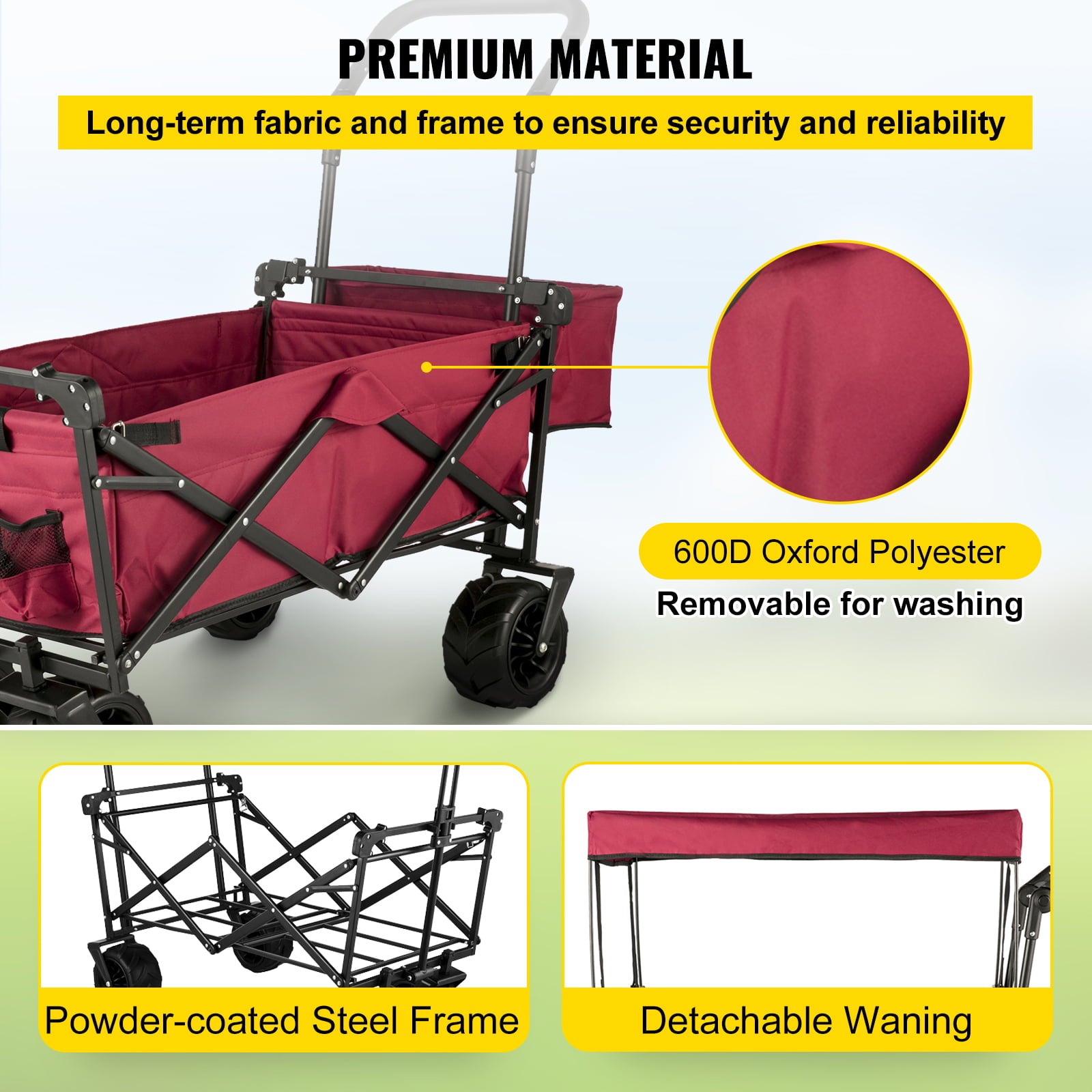 VEVORbrand Collapsible Wagon Cart Red， Foldable Wagon Cart Removable Canopy 601D Oxford Cloth， Collapsible Wagon Oversized Wheels， Portable Folding Wagon Adjustable Handles， Beach， Garden， Sports