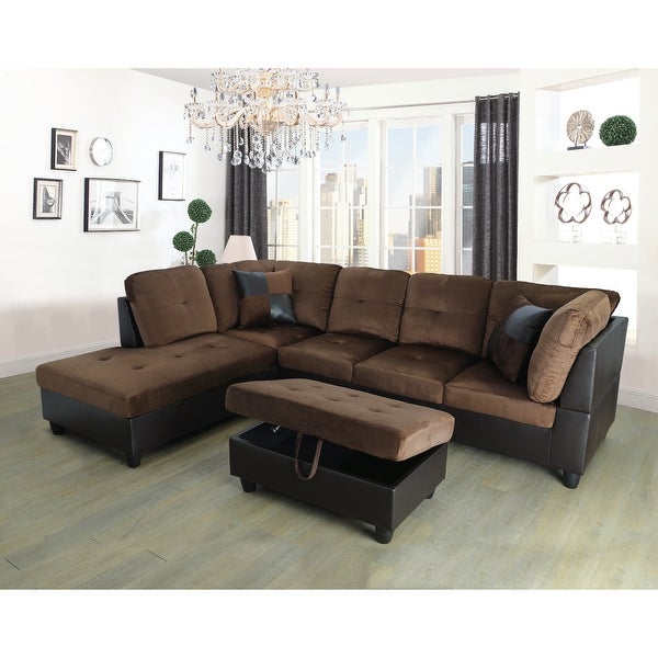 3-Pieces Sectional Sofa Set，Left Facing，Chocolate Microfiber(107A)