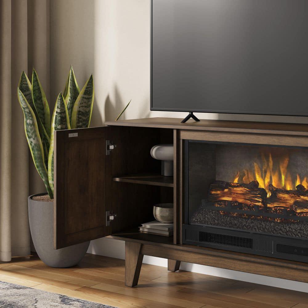 SCOTT LIVING Rosalie 54 in Freestanding Media Console Wooden Electric Fireplace in Warm Brown Birch