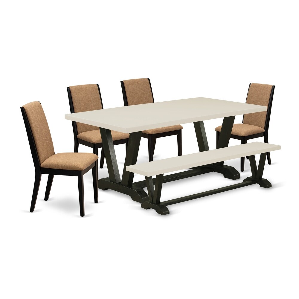 East West Furniture Dining Table Set  a Dining Room Table and Light Sable Linen Fabric Parsons Chairs  Black(Pieces Options)