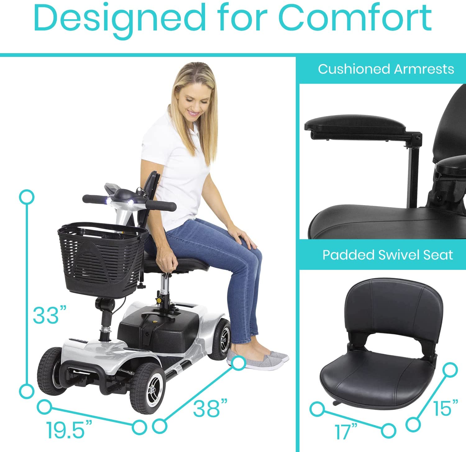 Vive Health Lightweight & Easy To Carry 4 Wheel Folding Mobility Scooter - Long Distance, Comfort Swivel Seat, w/ Anti-Flat Tires For Seniors