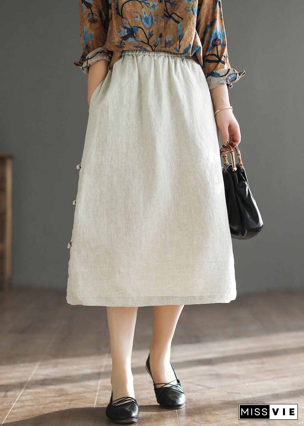 Linen Colour Side Open Linen A Line Skirt High Waist Drawstring Summer