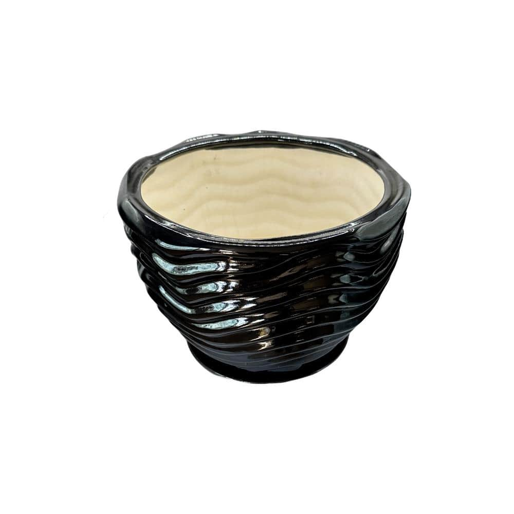 Botanical Bower 9 in. glazed Black clay indoor outdoor planter with plate Z781365