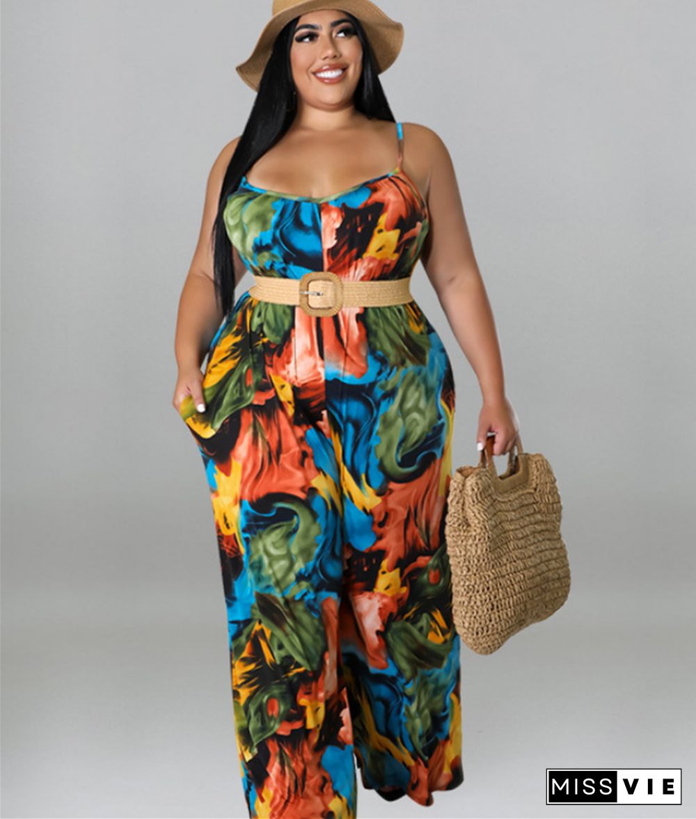 Plus Size Print Wide Leg Jumpsuit with Belt