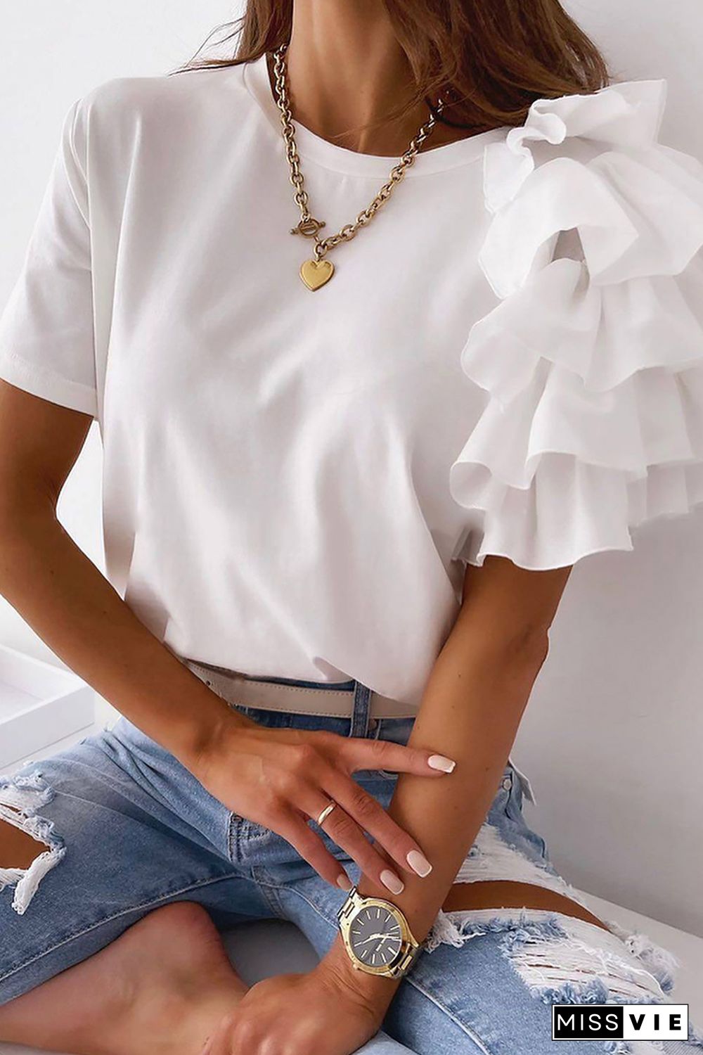 White Asymmetric Cascading Sleeve Tee