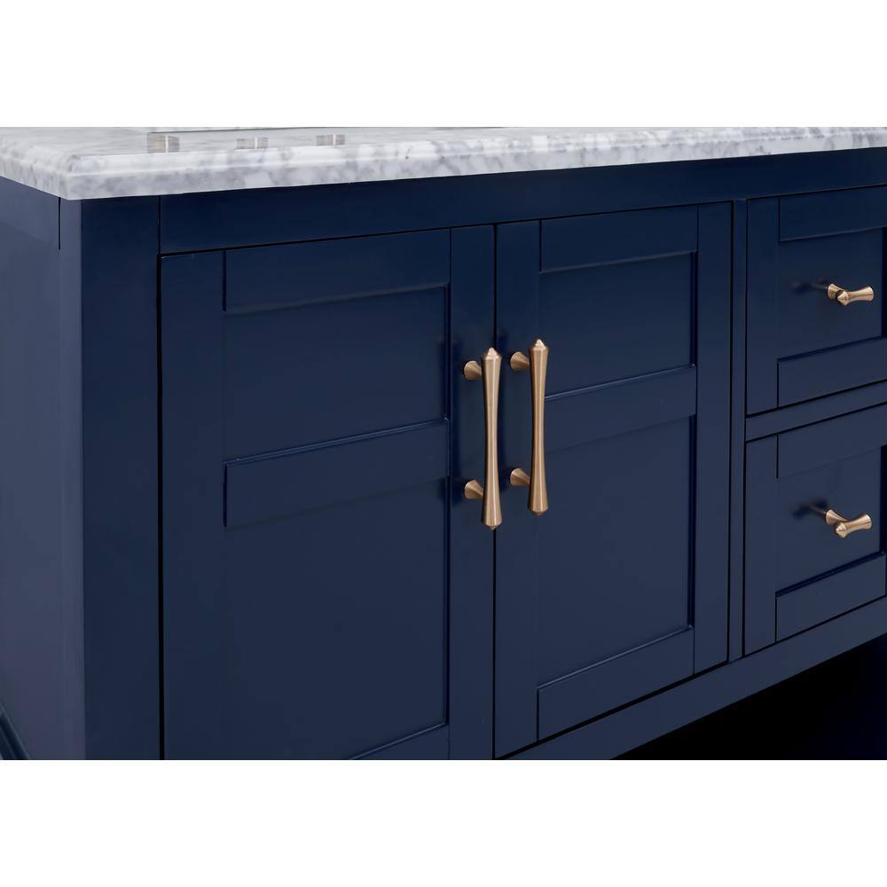 Home Decorators Collection Sturgess Open Shelf 61 in. W x 22. D x 35. H Double Sink Vanity in Navy Blue with White Marble Vanity Top 19111S-VS61C-NB