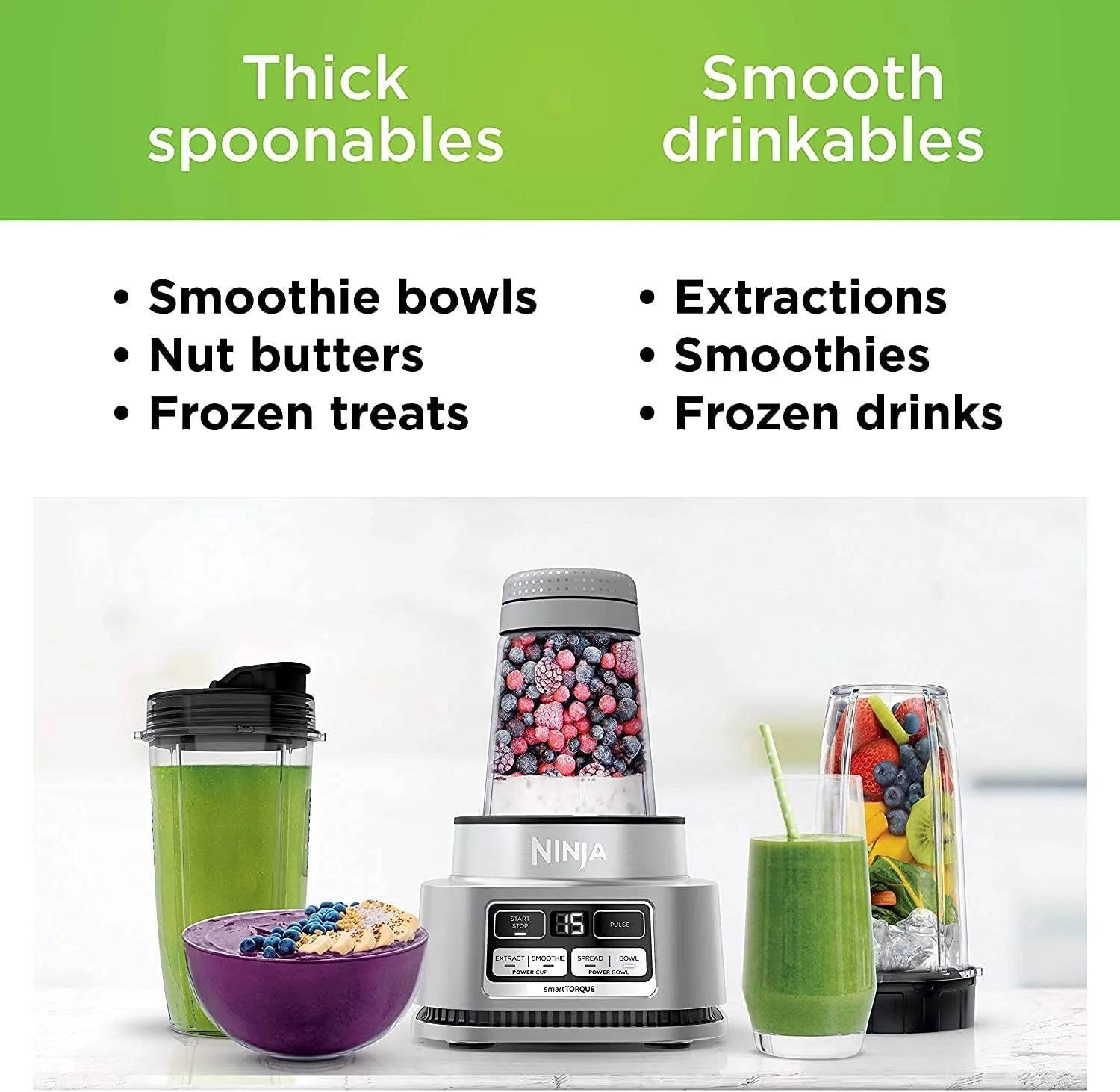 NINJA SS100 Foodi Smoothie Bowl Maker， 24 oz. Blender 2 Speeds Stainless Steel Auto iQ