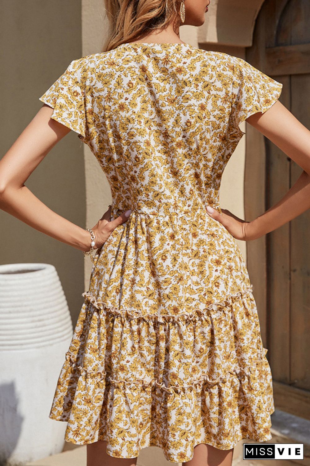 Fashion Elegant Floral Buckle Flounce V Neck A Line Dresses