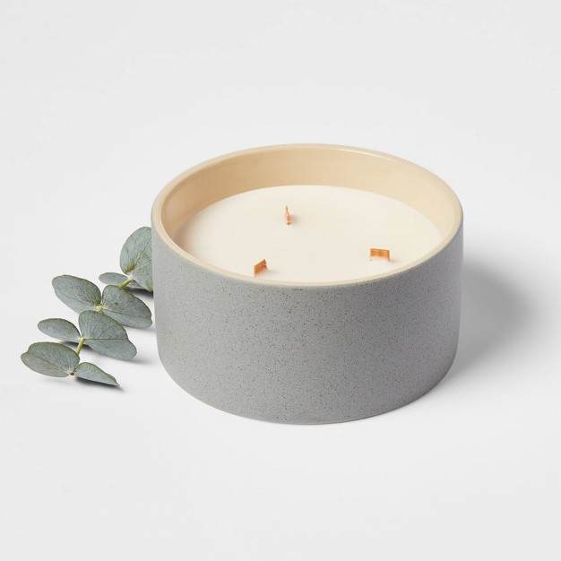 3 Wick 14oz Matte Textured Ceramic Wooden Wick Candle Gray Lavender Eucalyptus