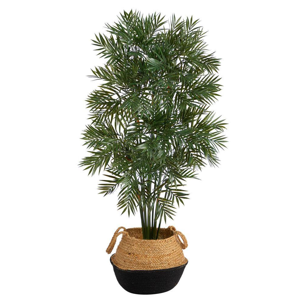 Nearly Natural 4 ft. Green Parlor Palm Artificial Tree in Boho Chic Handmade Cotton and Jute Black Woven Planter T2943