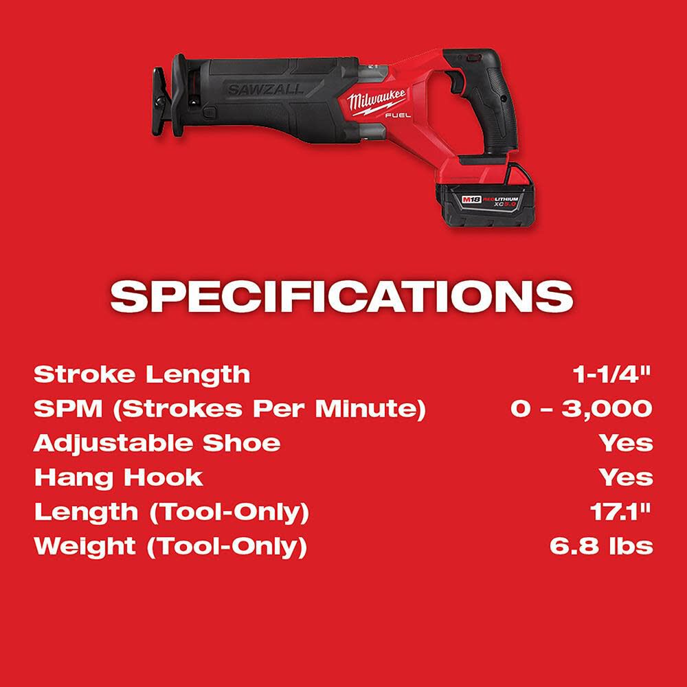 MW M18 FUEL SAWZALL Reciprocating Saw - 2 Battery XC5.0 Kit 2821-22 from MW