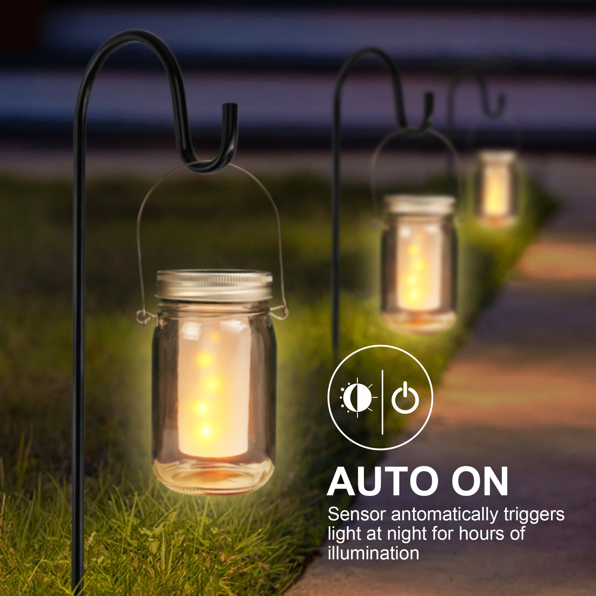 4Pcs Solar Mason Jar Lid Lights+2x Shepherd Hooks-Hanging Lanterns+2x Mason Jars， Perfect Patio Garden Wedding Pathway Outdoor LED Lights， No Wiring Required (2-Pack)