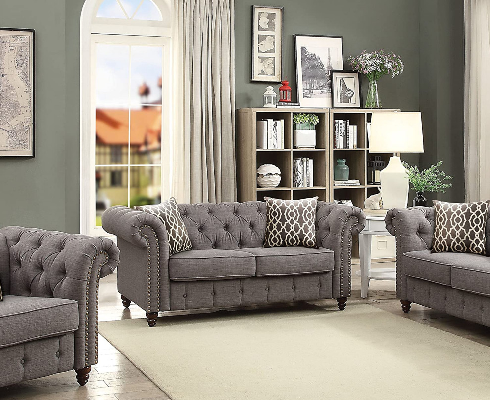 Elegant Loveseat  Cushioned Seat With 2 Pillows  ampSheltering Rolled Arms  Gray   Traditional   Loveseats   by Decor Love  Houzz