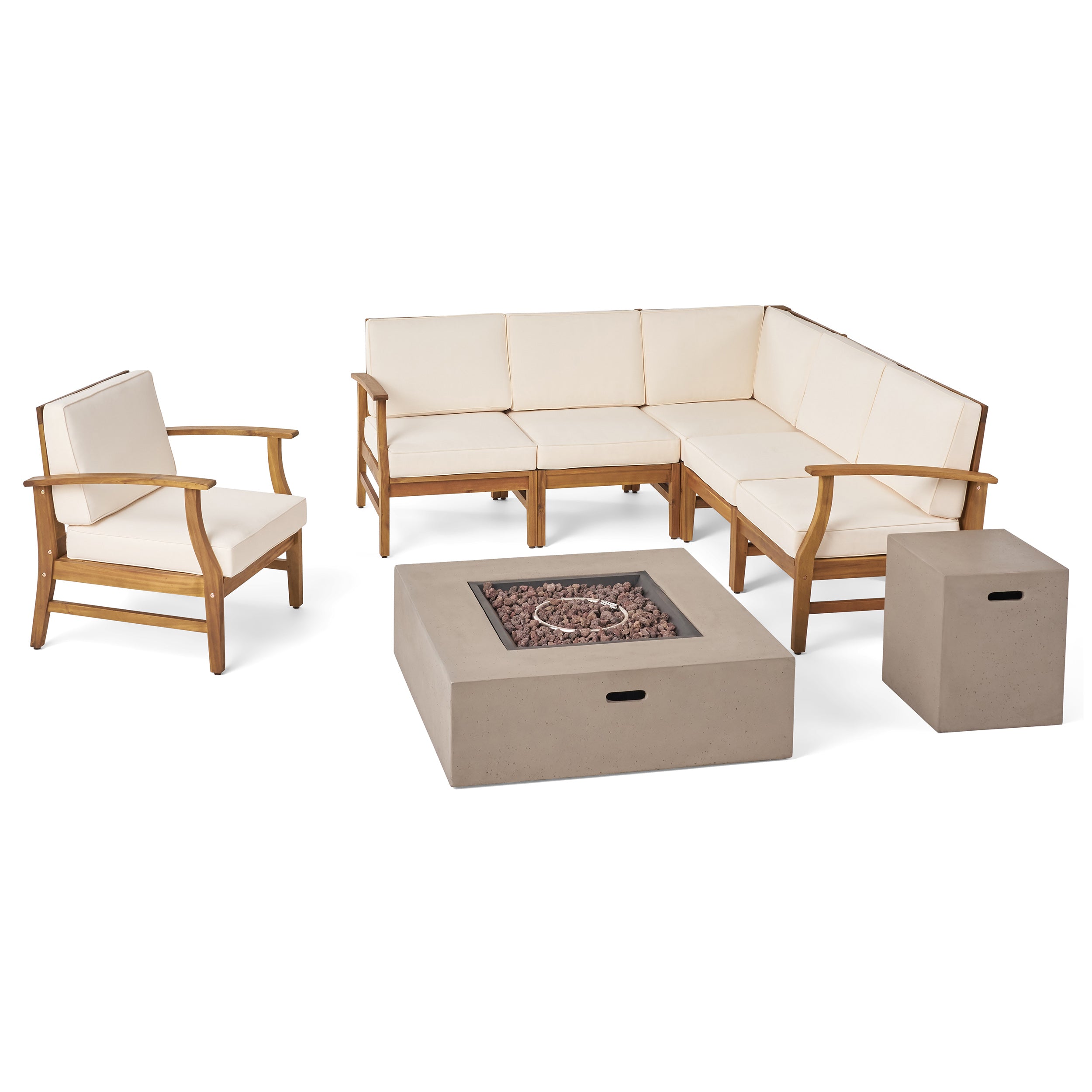 Nyeemah Outdoor 6 Seater Acacia Wood Sofa Set with Square Fire Table and Tank