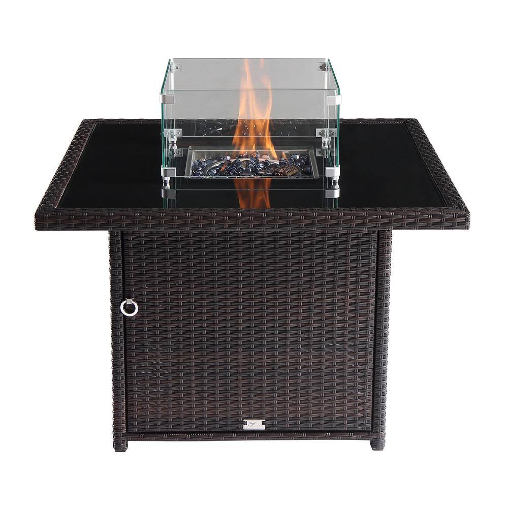 Oakville Furniture Hudson 36 in. X 36 in. Outdoor Square Brown Wicker Aluminum Propane Fire Pit Table In Tempered Glass WFire Glass OVF-WKFT36