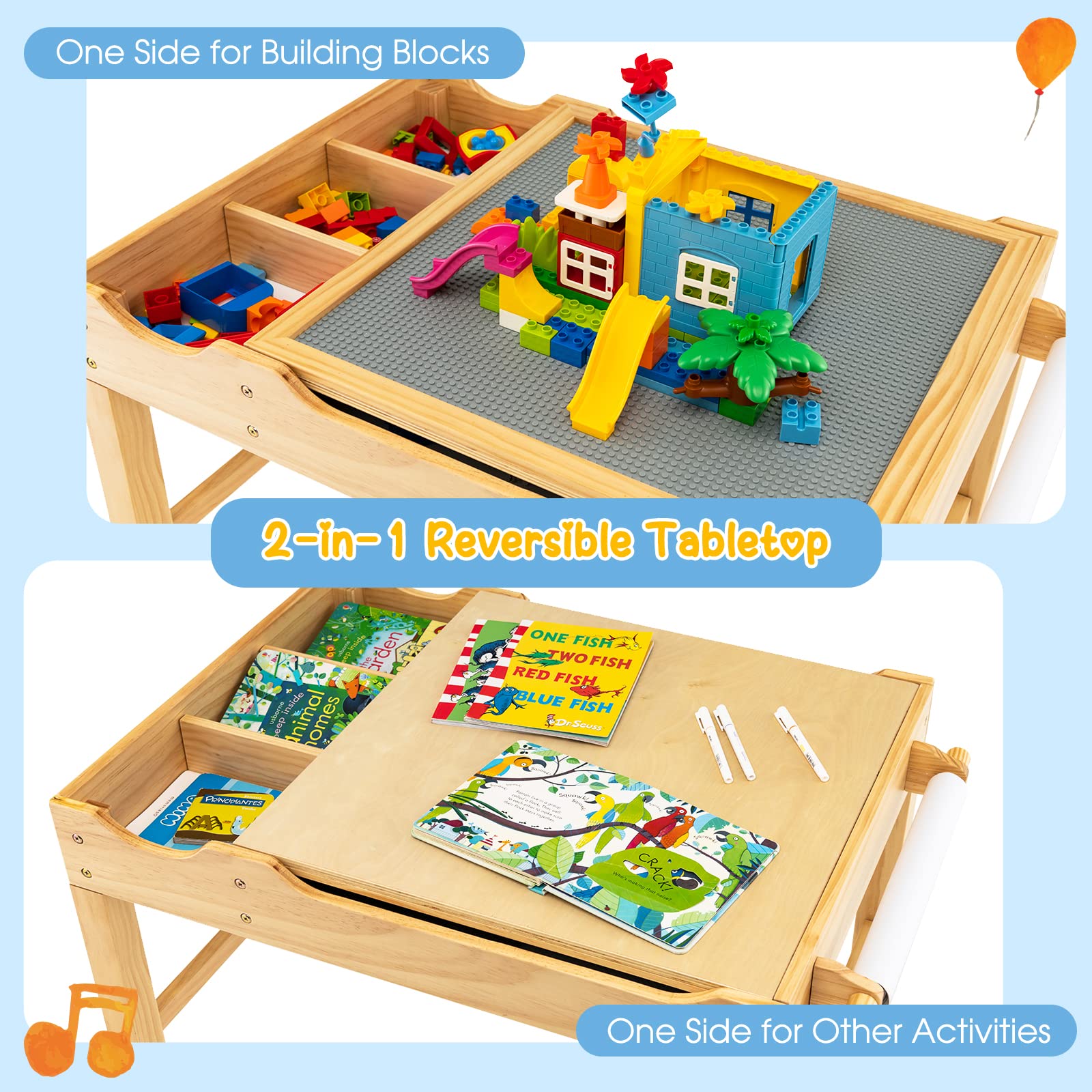 Costzon Kids Table, 3 in 1 Wood Building Block Desk w/Storage, Paper Roll