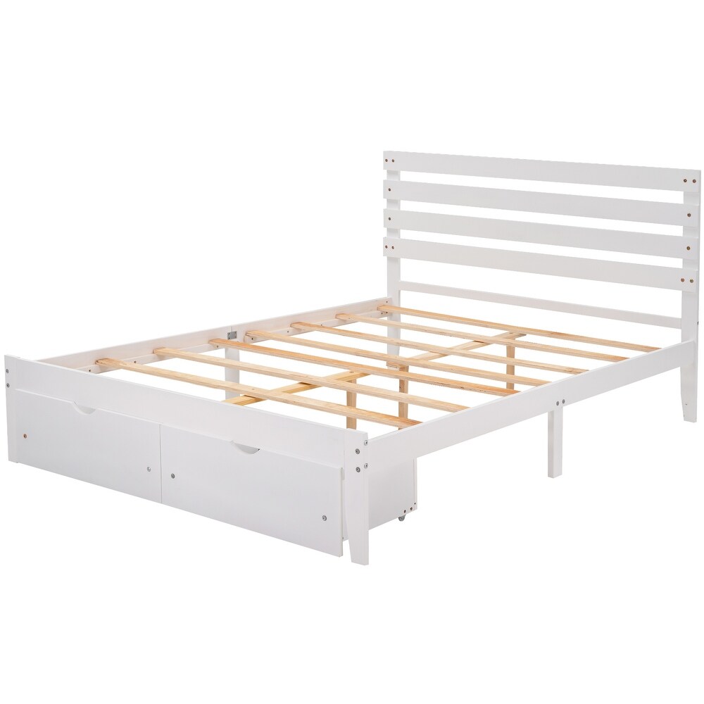 Solid Pine Platform Bed Frame with 2 Storage Drawers   Headboard