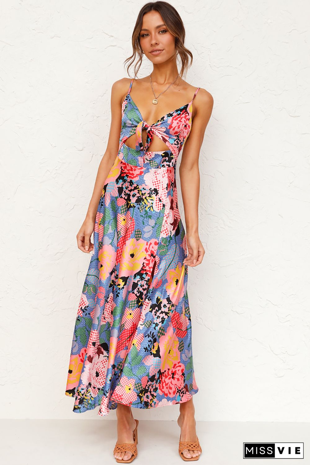 Multicolor Floral Print Bust Knot Long Dress with Slit