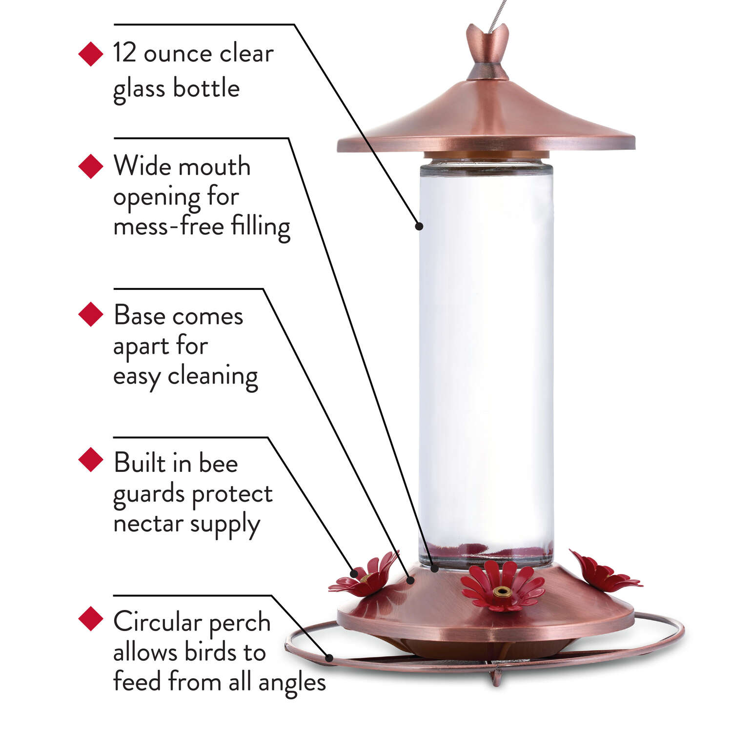 Perky-Pet Hummingbird 12 oz Copper/Glass Nectar Feeder 4 ports