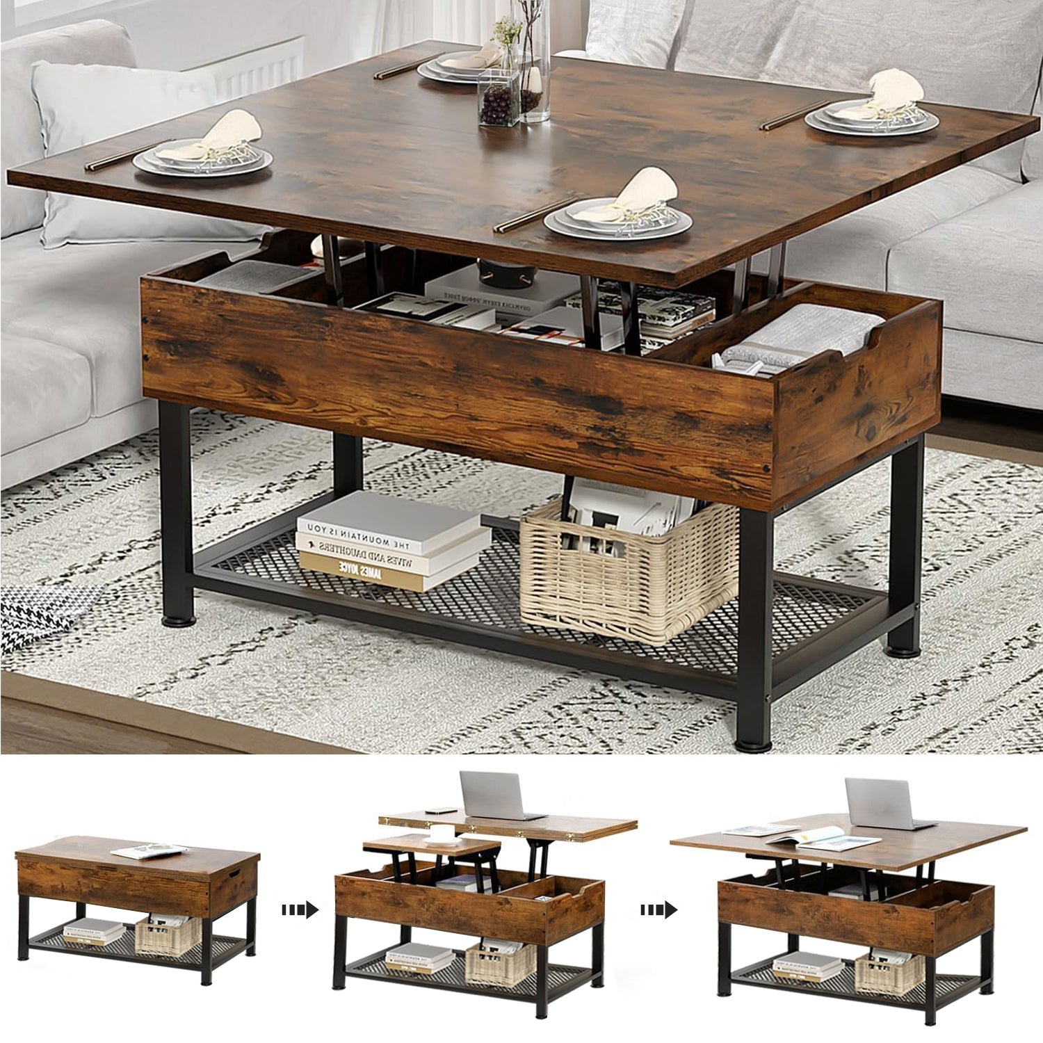 Coffee Table with Lifting Top Modern Lift Dining Table with 4 Storage Spaces