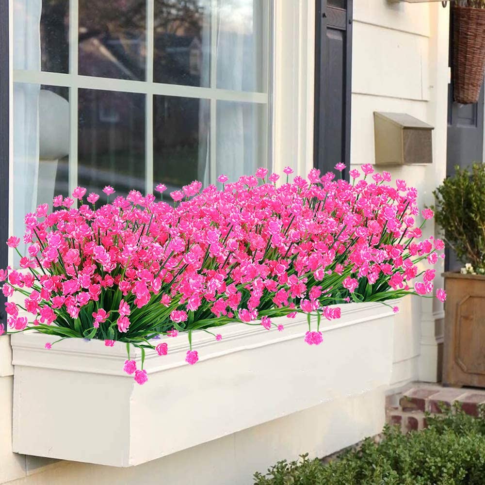 6 Bundles Artificial Flowers for Outdoor Decoration, Plastic Flowers Spring Summer Decoration, UV Resistant Faux Greenery Shrubs Plants for Indoor Outside Garden Home Wedding Farmhouse(Rose)