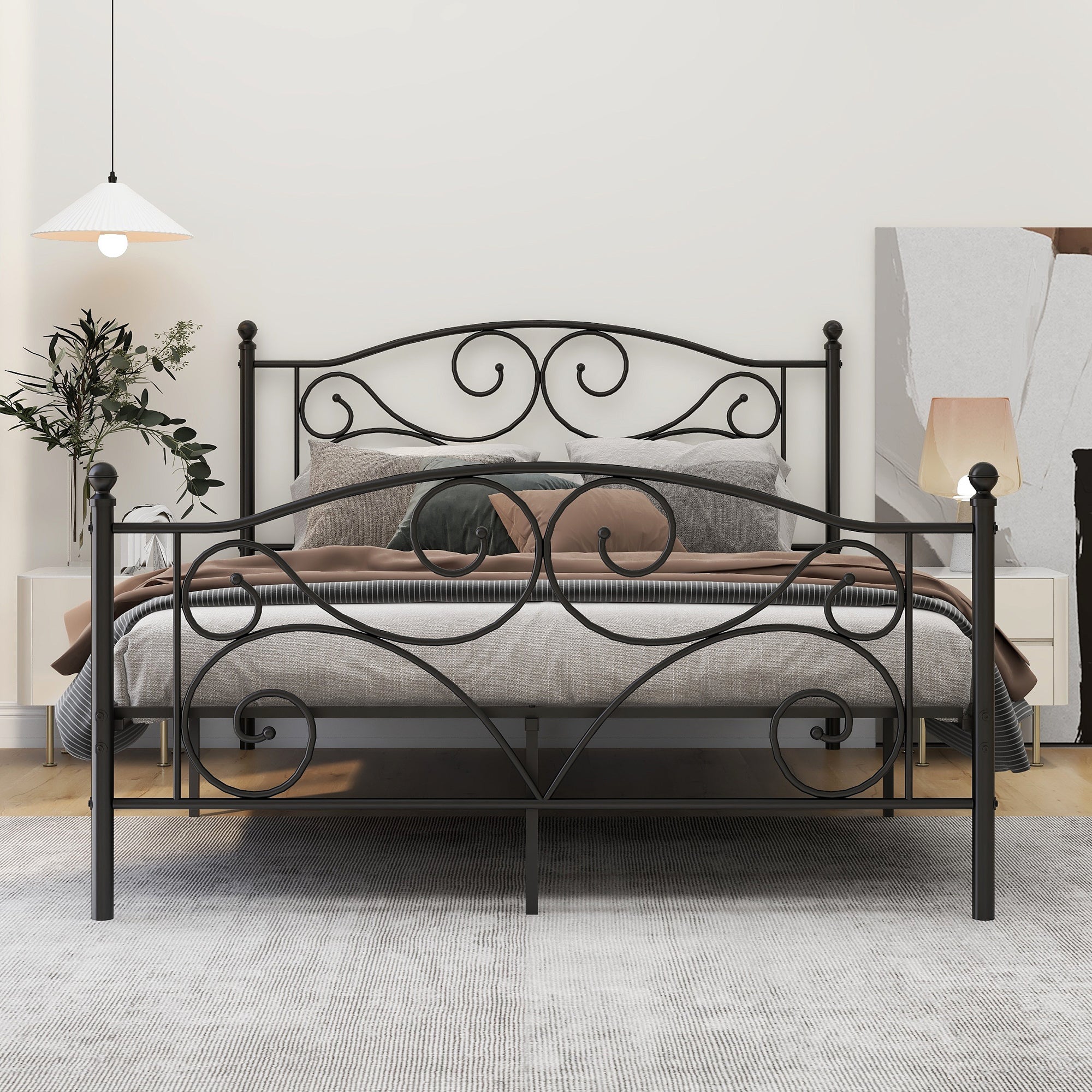 alazyhome Black Curlicue Metal Platform Bed Frame, Queen