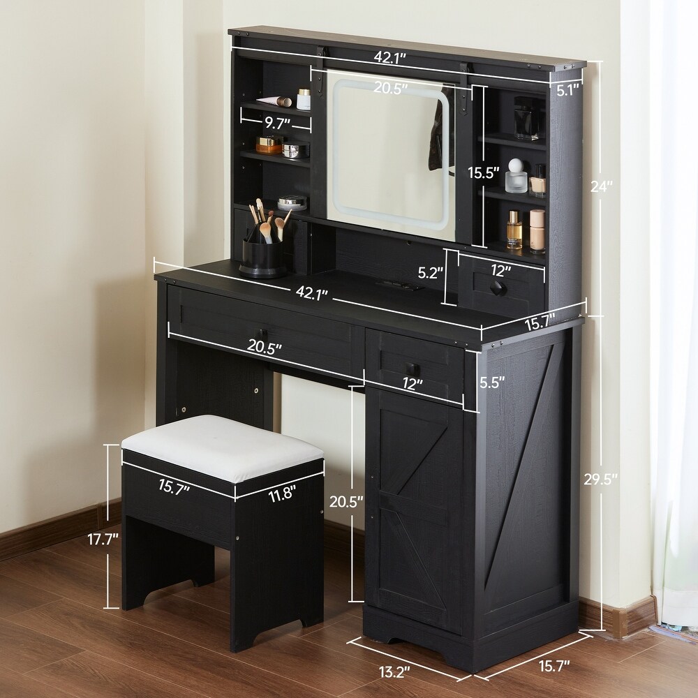 Farmhouse 42'' Makeup Vanity Desk with lighted Sliding Mirror Glass Tabletop 2 Drawers   Shelves  Stool Included.