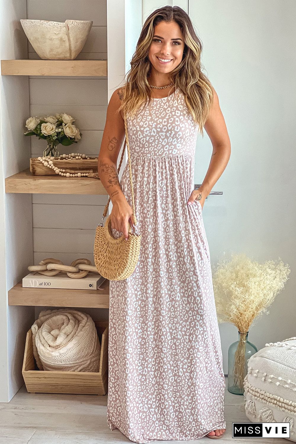 Pink Leopard Print Pocketed Sleeveless Maxi Dress