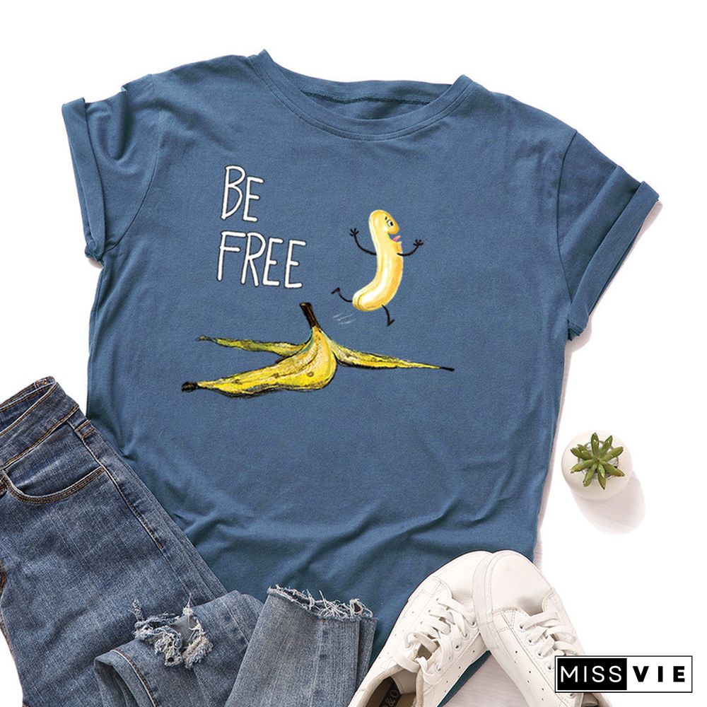 JCGO Summer Cotton Women T Shirt Fashion Short Sleeve Funny Free Banana Print Ladies Tee Shirt Tops Casual O-Neck Female T-shirt