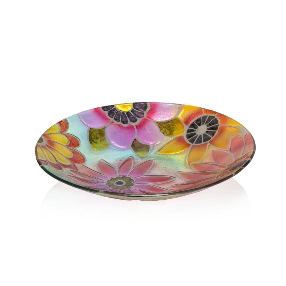 Alpine Corporation 18 in. Round Outdoor Birdbath Bowl Topper with Colorful Painted Flowers Design KPP604T-18