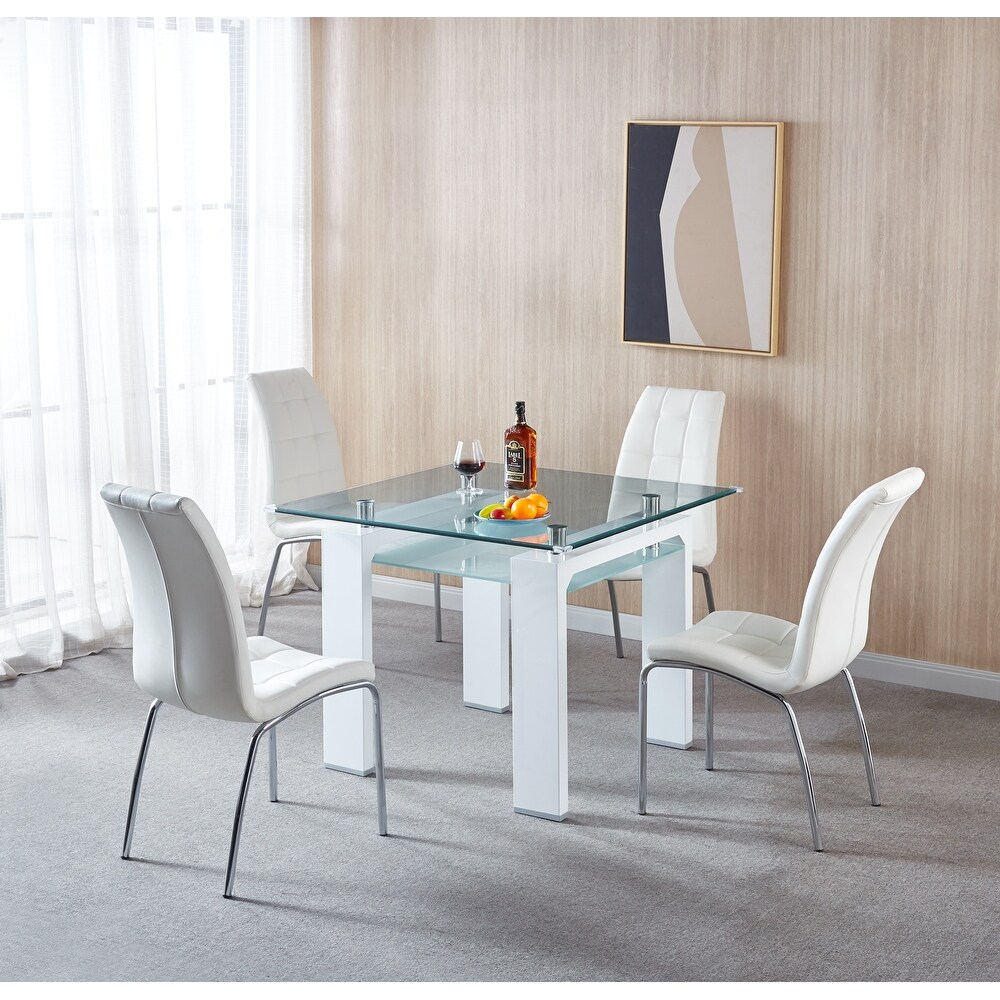 5 Pieces Dining Table Set with Double Layer Tempered Square Glass Dining Table for Storage and 4 Leatherette Dining Chairs