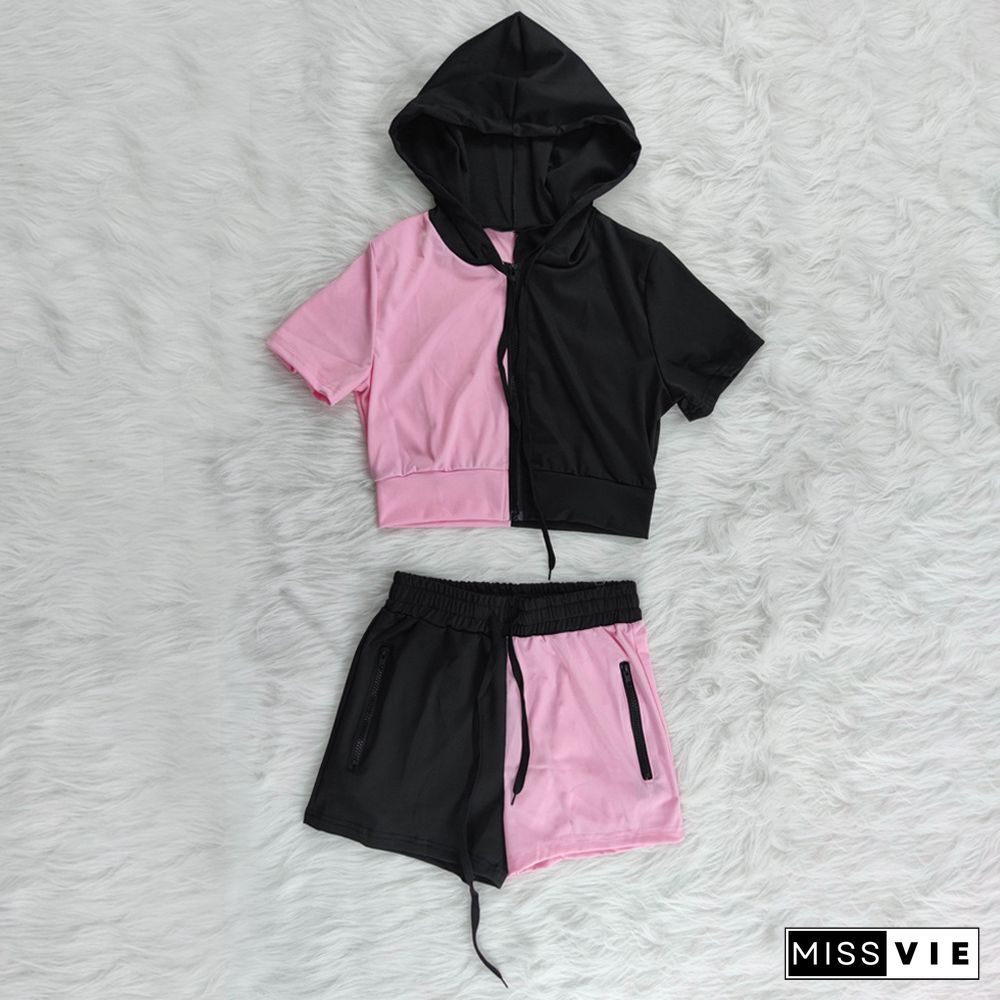 Short Sleeve Hooded Crop Top+Biker Shorts Sets