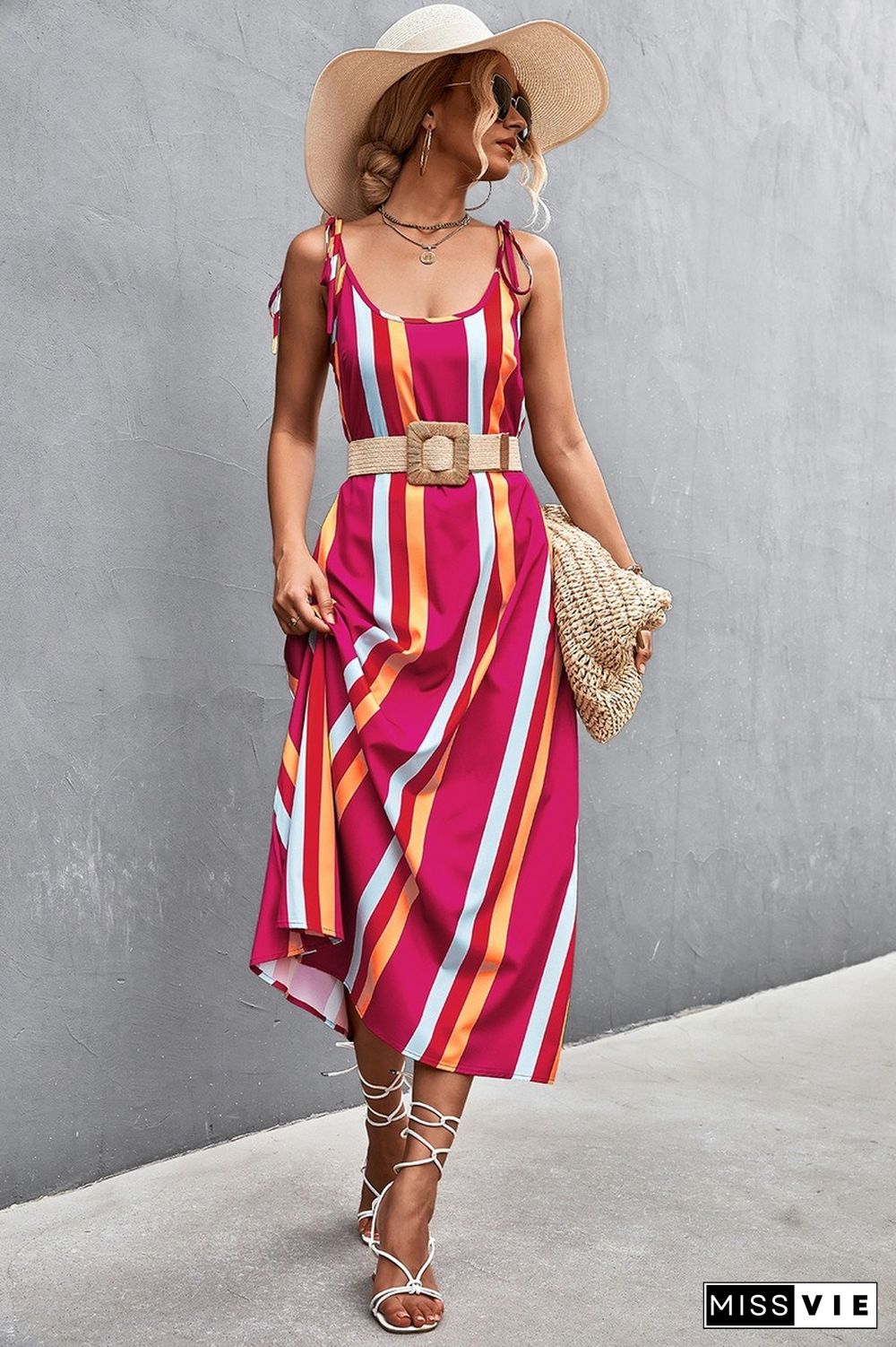 Sexy Dress For Women Summer Dresses New Casual Loose Beach High Waist Backless Lace-up Contrast Stripe Long Sling Dress