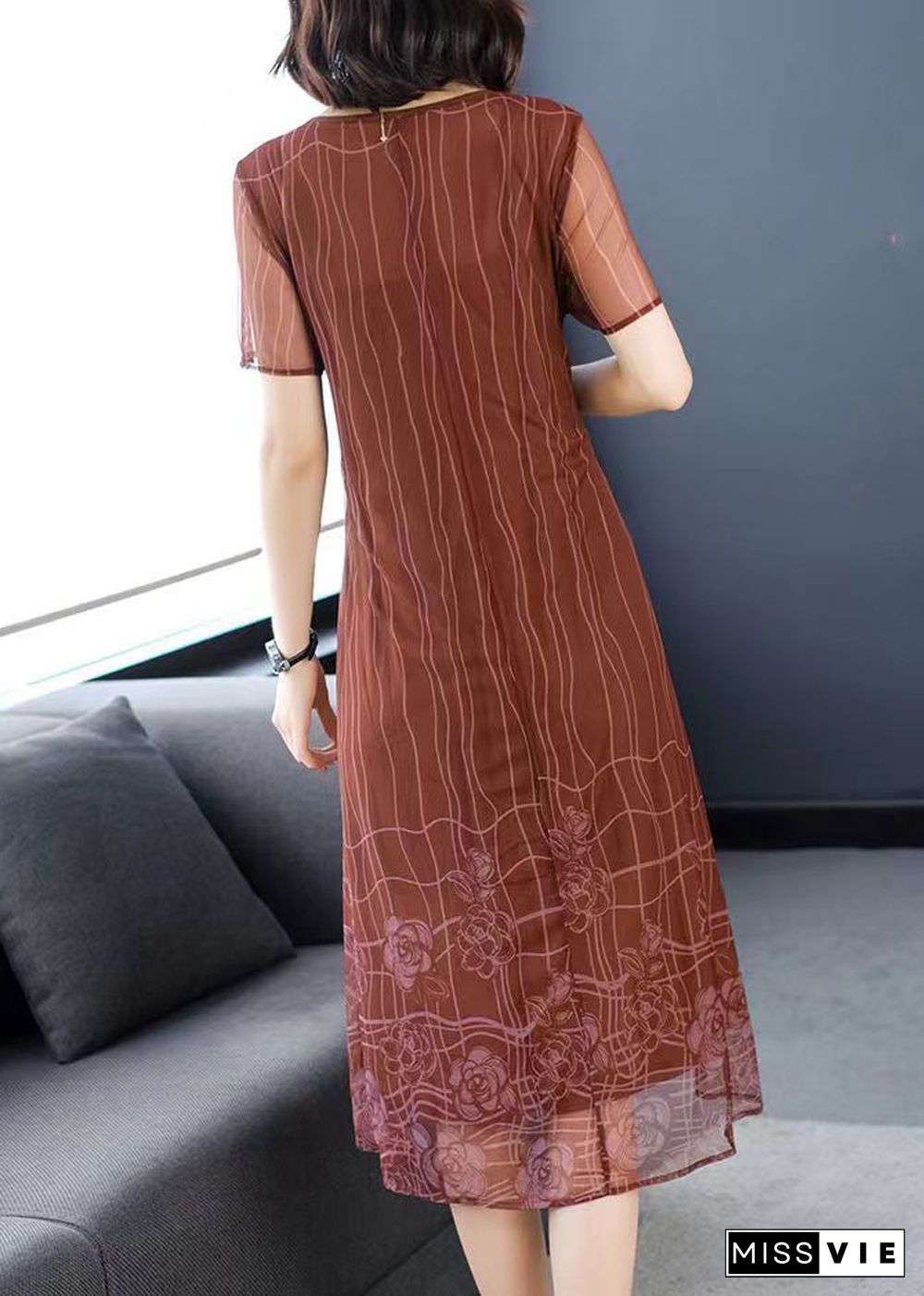 Women Light Brown O-Neck Wrinkled Patchwork Chiffon Dress Half Sleeve