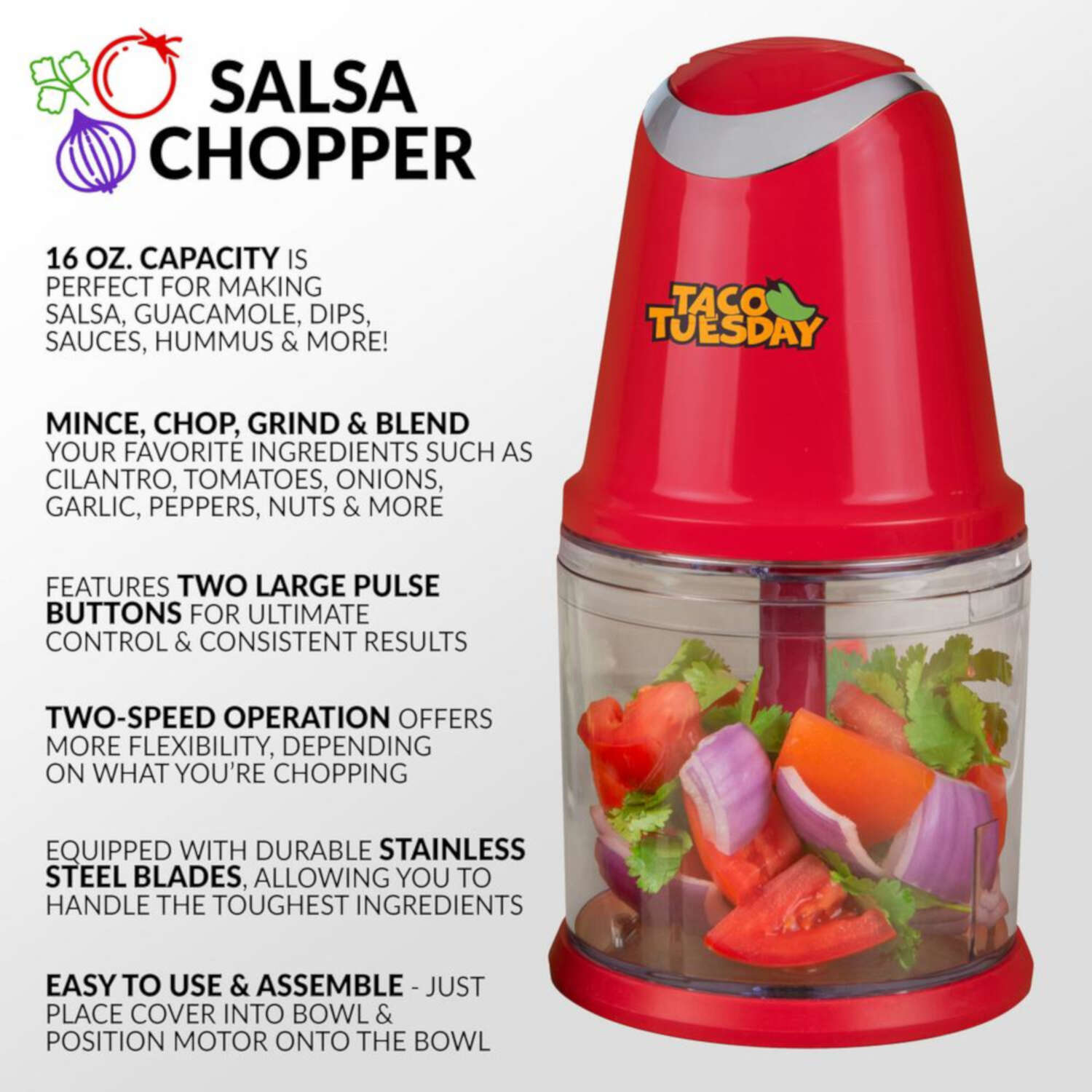 Taco Tuesday Red Plastic Chopper 16 oz 2 speed