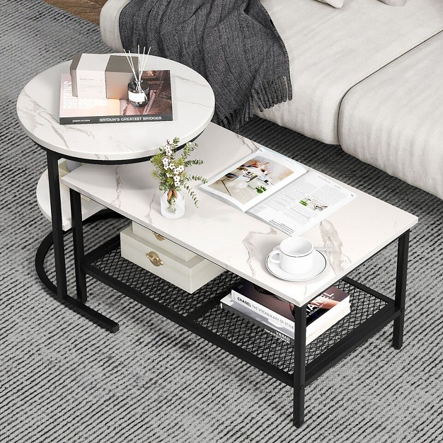 Tangkula Nesting Coffee Table Set Of 2 Faux Marble Top Detachable W Storage Shelf