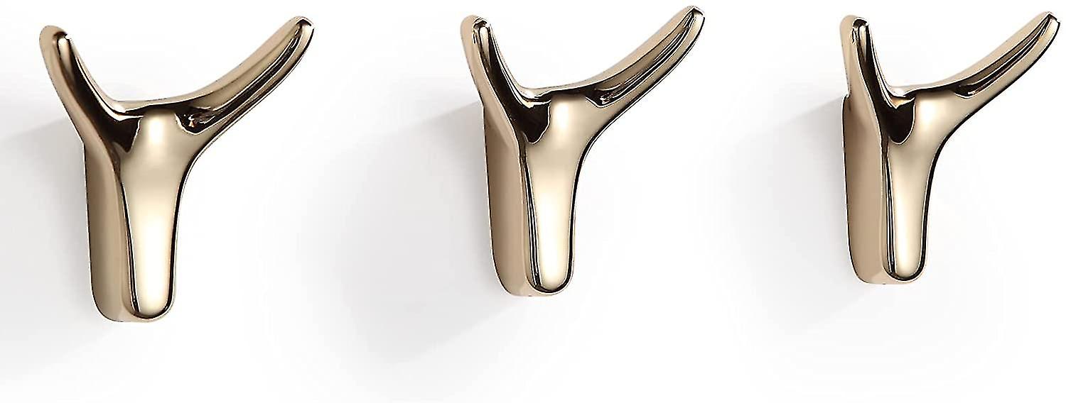 Set Of 3 Gold Adhesive Wall Hooks Horn Shaped For Bathroom And Kitchen