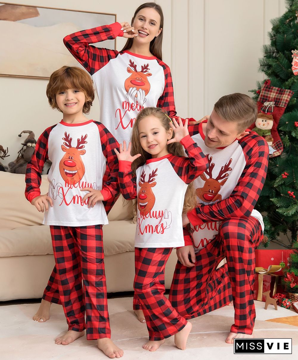 Christmas Cartoon Deer Plaid Parent-Child Sleepwear 2PCS