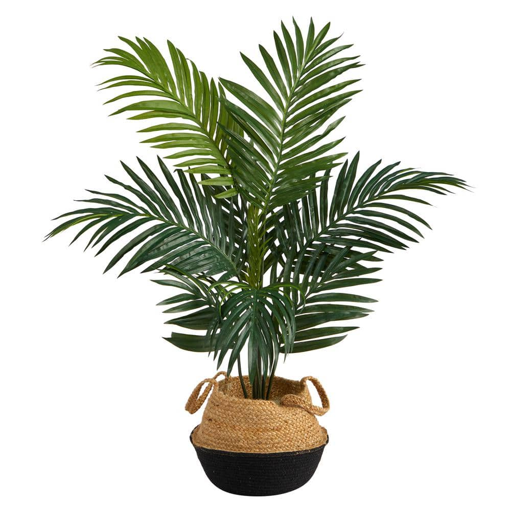 Nearly Natural 4 ft. Green Kentia Palm Artificial Tree in Boho Chic Handmade Cotton and Jute Black Woven Planter T2936