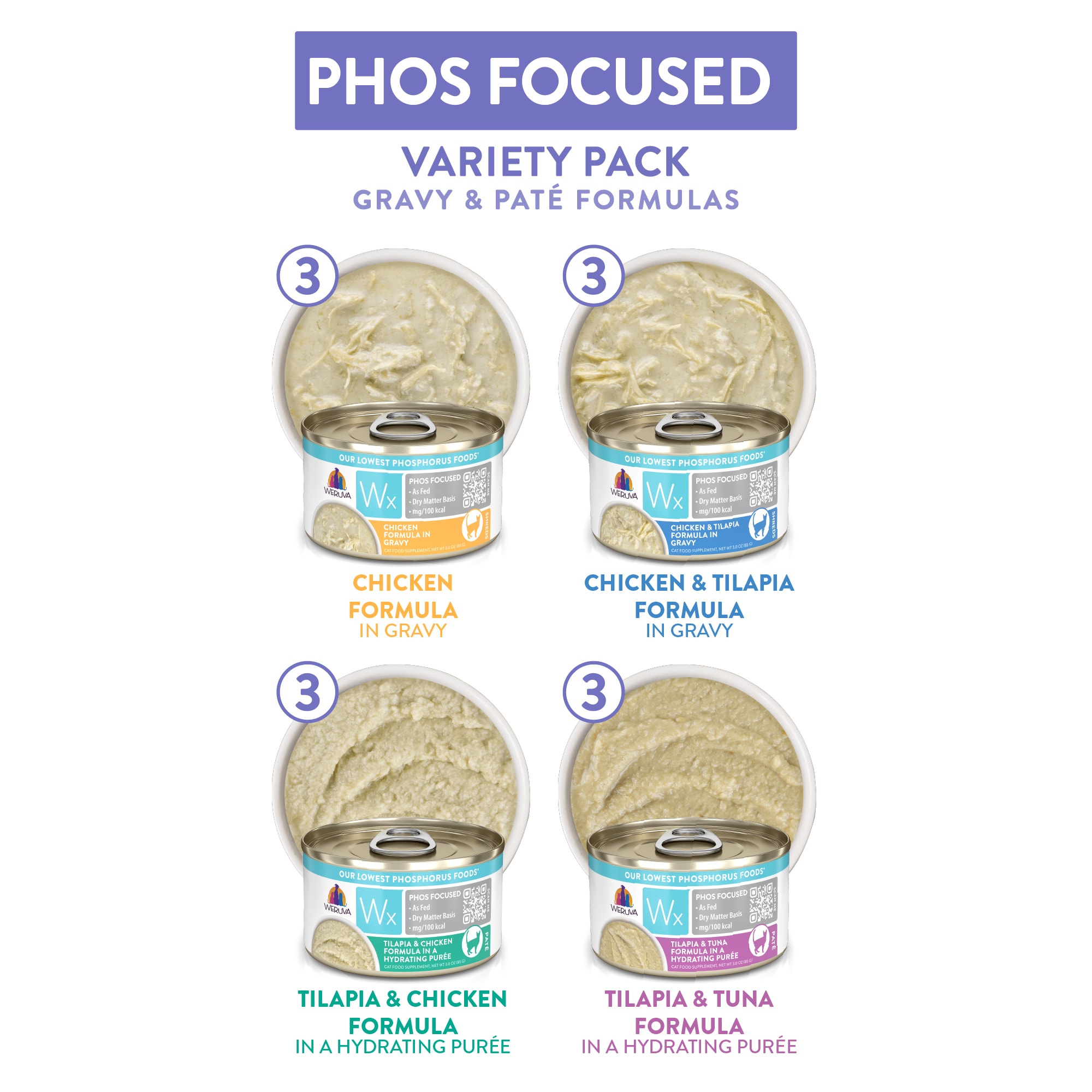 Wx Phos Focused Foods Gravy  Pate Formulas Variety Pack Wet Cat Food， 3 oz.， Count of 12