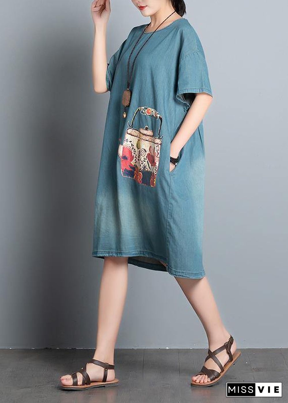 Handmade denim blue print Cotton quilting dresses o neck Art summer Dresses