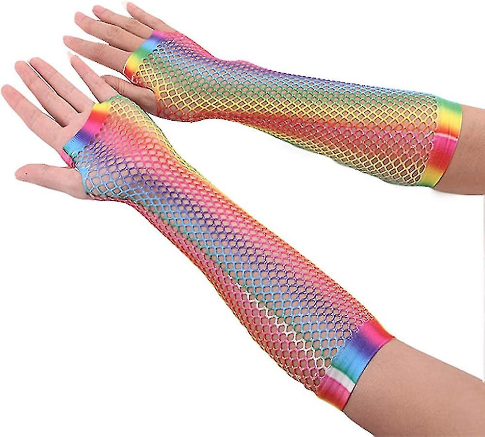 Women's Stretchy Rainbow Gradient Fingerless Fishnet Gloves Costume Party