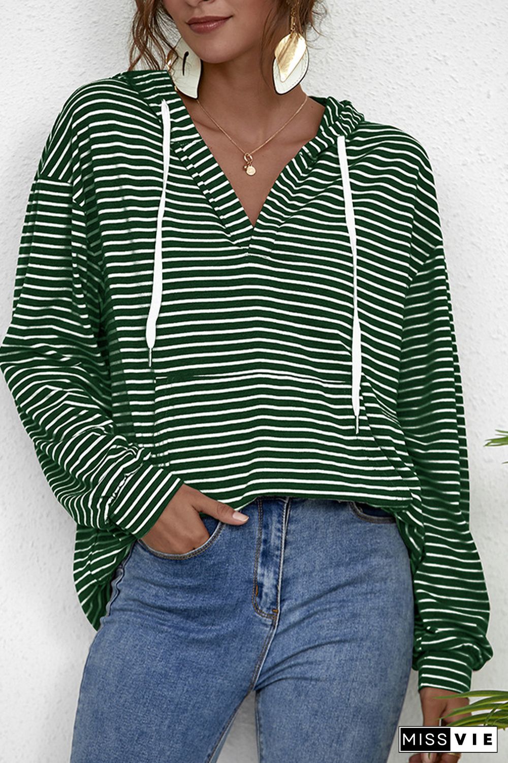 Stripes V Neck Front Pocket Drawstring Hoodies Wholesale