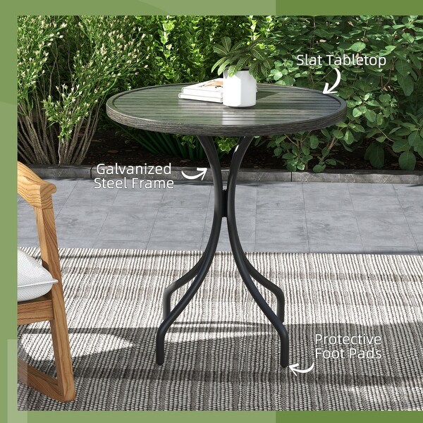 Outdoor Side Table，Patio Round Coffee Table with Steel Frame and Slat Tabletop