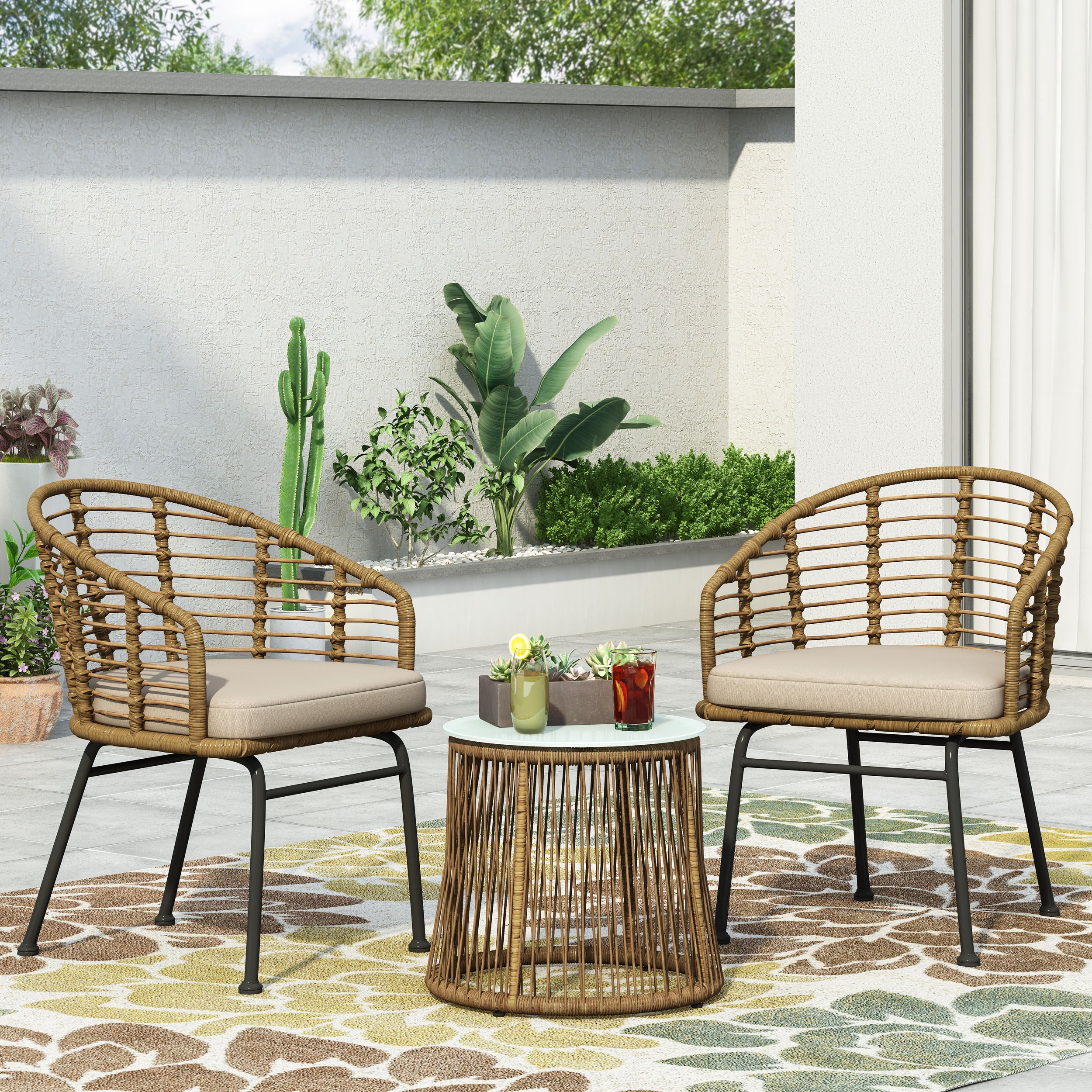 Monture Outdoor Wicker 2 Seater Chat Set, Light Brown and Beige