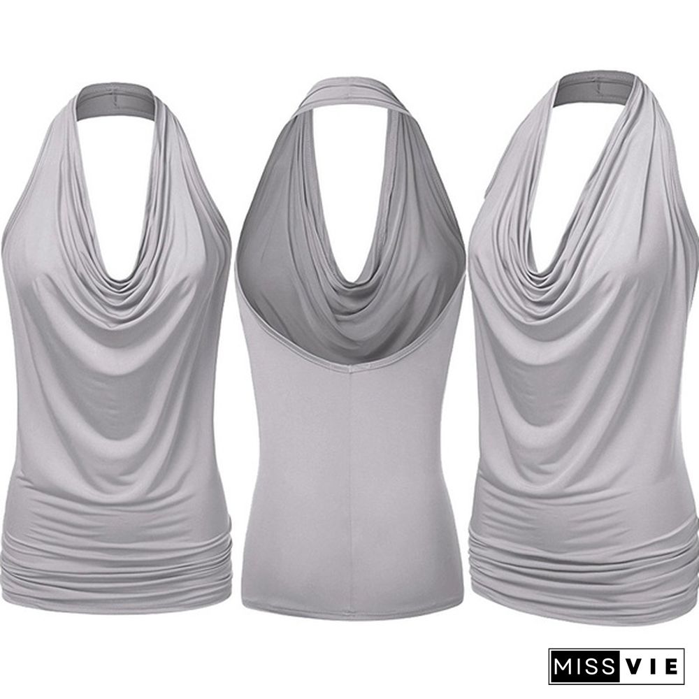 Women Sexy Summer Halter Cowl Neck Sleeveless Ruched Tank Tops Backless Solid Tops