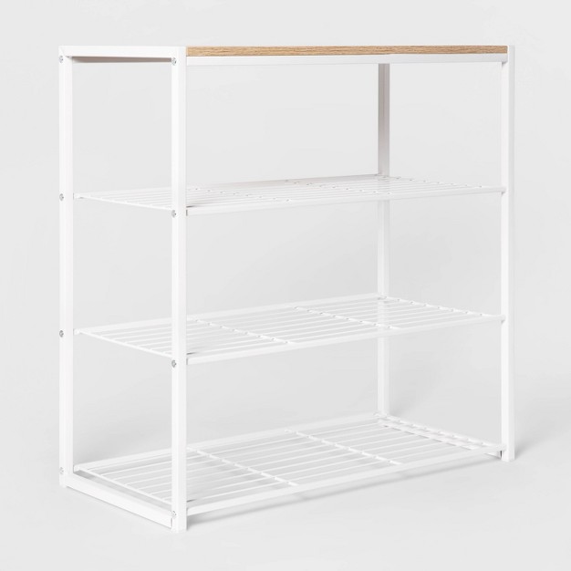 4 Tier Shoe Rack White Metal With Natural Wood