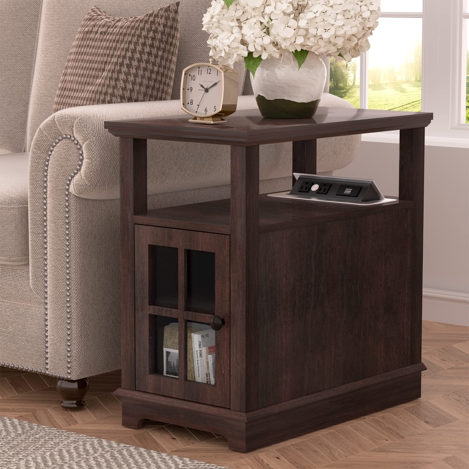 Side Table with Charging Station， Storage End Table， Bedside Table with USB Ports and Outlets， - as picture