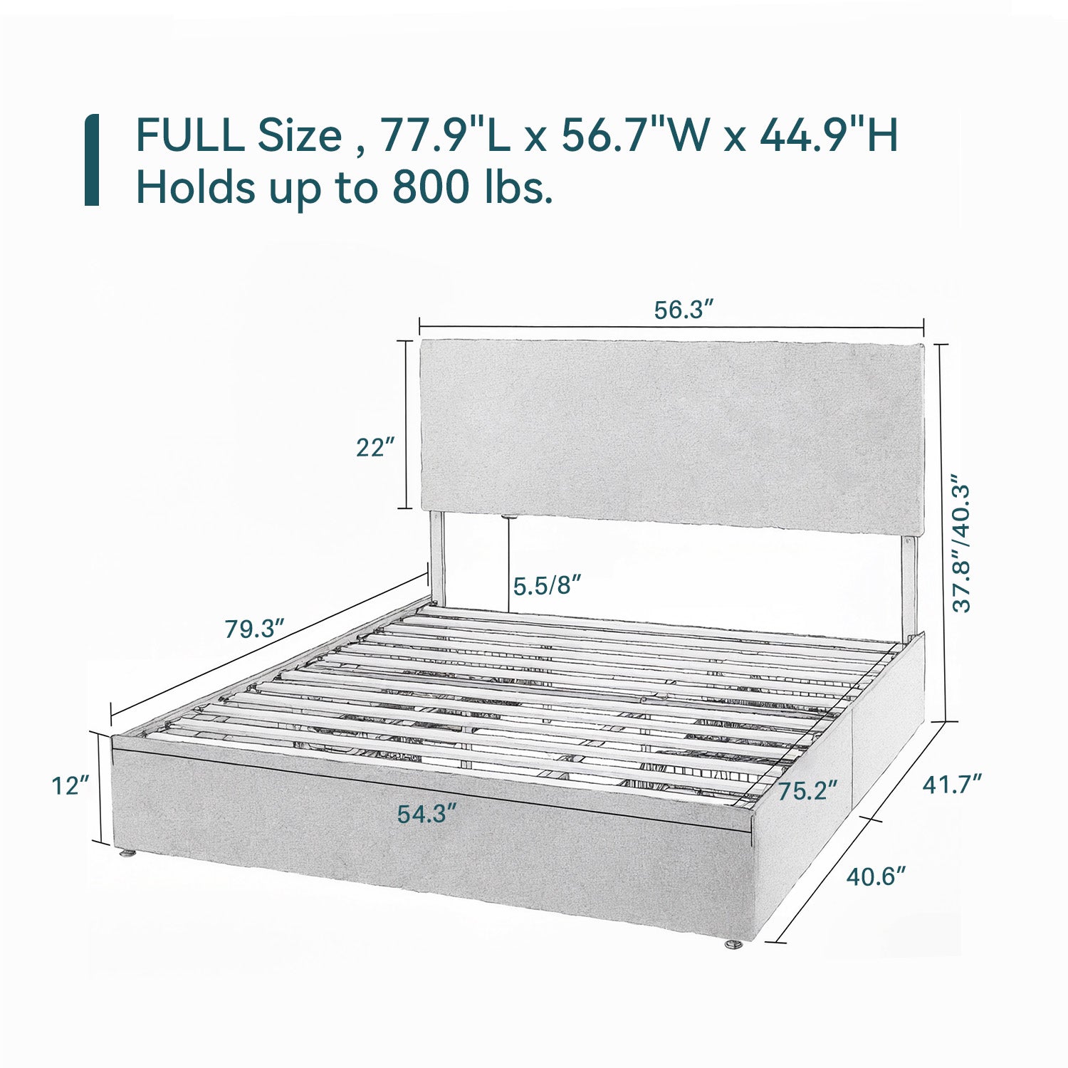 Upholstered Bed Frame with 4 Drawers Storage and Headboard with Wood Slat Support, No Box Spring Needed